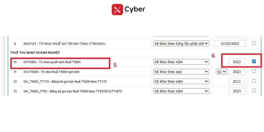 Đăng ký các tờ khai khi nộp báo cáo tài chính