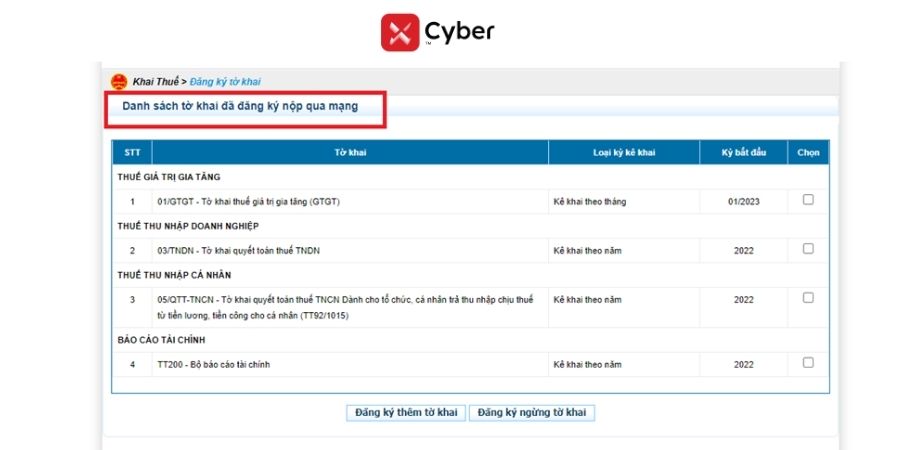 Đăng ký các tờ khai khi nộp báo cáo tài chính