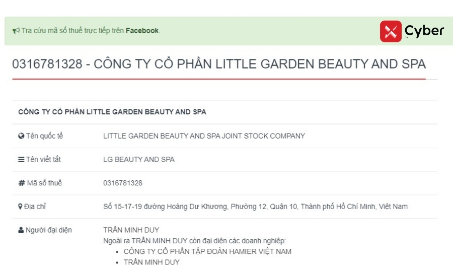 Nếu nhập đúng MST, thông tin doanh nghiệp sẽ được hiển thị đầy đủ