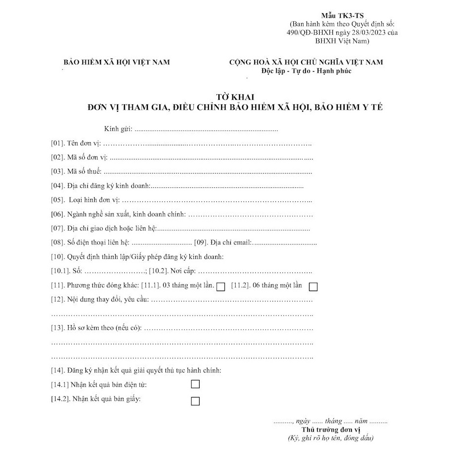 Tải mẫu TK3-TS mới nhất - Tờ khai đơn vị tham gia, điều chỉnh BHXH, BHYT 3 mẫu tk3-ts theo quyết định 490 qd bhxh