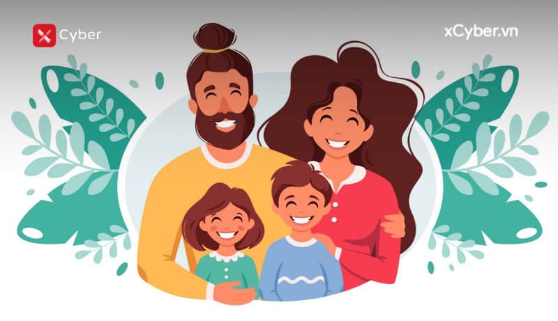 happy family with son and daughter parents hugging children illustration vector
