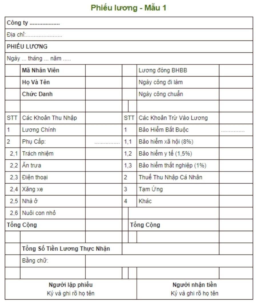 Mẫu bảng kê trả lương hằng tháng cho người lao động 2 phiếu lương mẫu 1