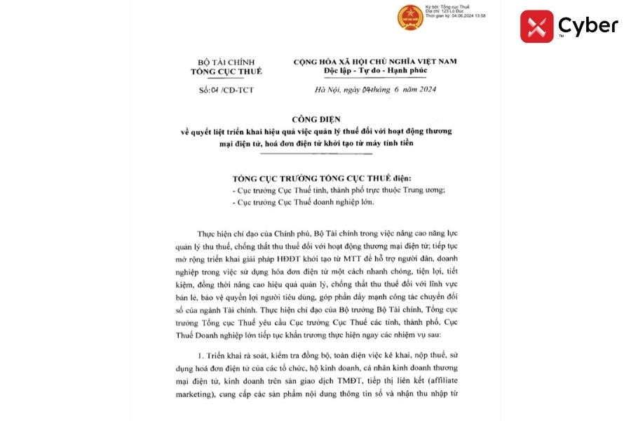 2024] Công điện Tổng Cục Thuế về quyết liệt triển khai hiệu quả về việc quản lý thuế đối với hoạt động thương mại điện tử, hóa đơn điện tử khởi tạo từ máy tính tiền