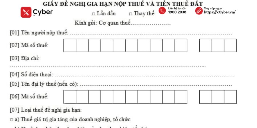 Mẫu đơn đề nghị gia hạn nộp thuế Giá trị gia tăng và tiền thuế đất cập nhật