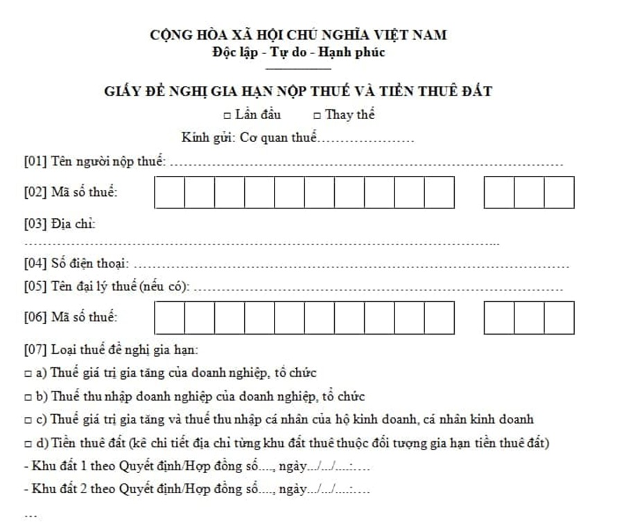 Mẫu đơn đề nghị gia hạn nộp thuế và tiền thuê đất theo Nghị định 64/2024/NĐ-CP