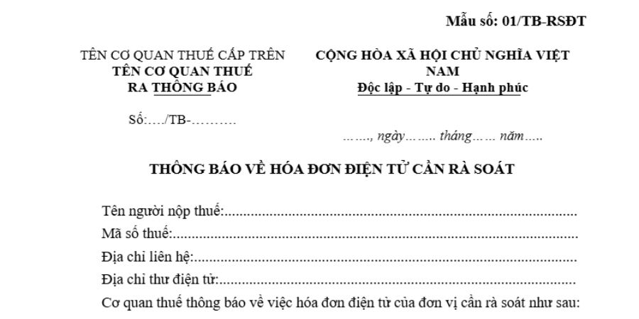 Mẫu 01/TB-RSĐT theo Nghị định 123: Thông báo về việc rà soát hóa đơn điện tử năm 2024 2 Mẫu 01/TB-RSĐT thông báo về hóa đơn điện tử cần rà soát