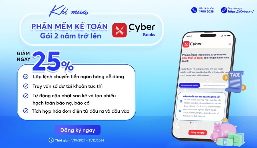 Giảm ngay 25% khi mua phần mềm xCyber Books gói 2 năm trở lên - Ưu đãi khủng quý IV 53 Giảm ngay 25% khi mua phần mềm xCyber Books