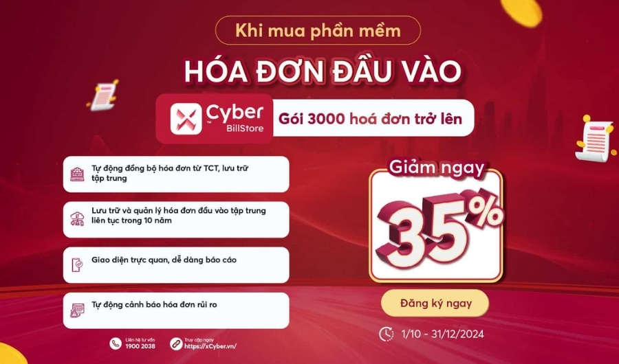 Ưu đãi quý IV siêu khủng - chỉ có tại xCyber Billstore 1 Mua gói 3000 số, giảm ngay 35% cho phần mềm Hóa đơn đầu vào!