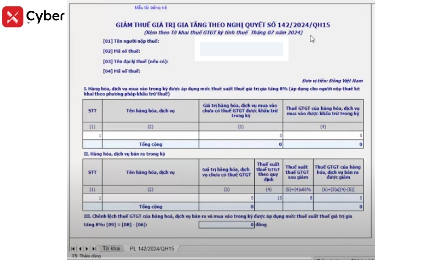 Phụ lục giảm thuế HTKK
