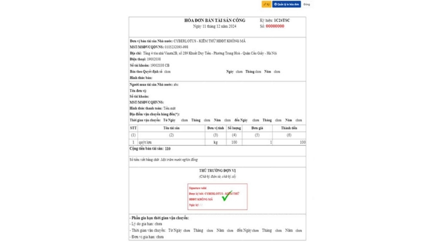 Thông báo ra mắt tính năng “Hóa đơn bán tài sản công” trên Phần mềm Hóa đơn điện tử xCyber Bill 3 Giao diện chi tiết mẫu hóa đơn bán tài sản công trên xCyber Bill