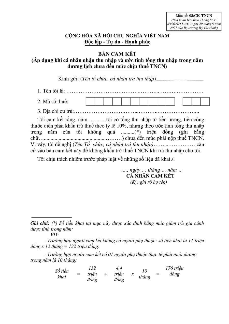 mẫu 08/ck-tncn mới nhất theo quy định
