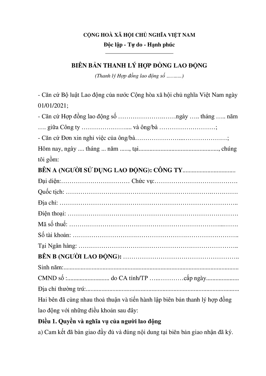 mẫu biên bản thanh lý hợp đồng lao động sau khi chấm dứt hợp đồng