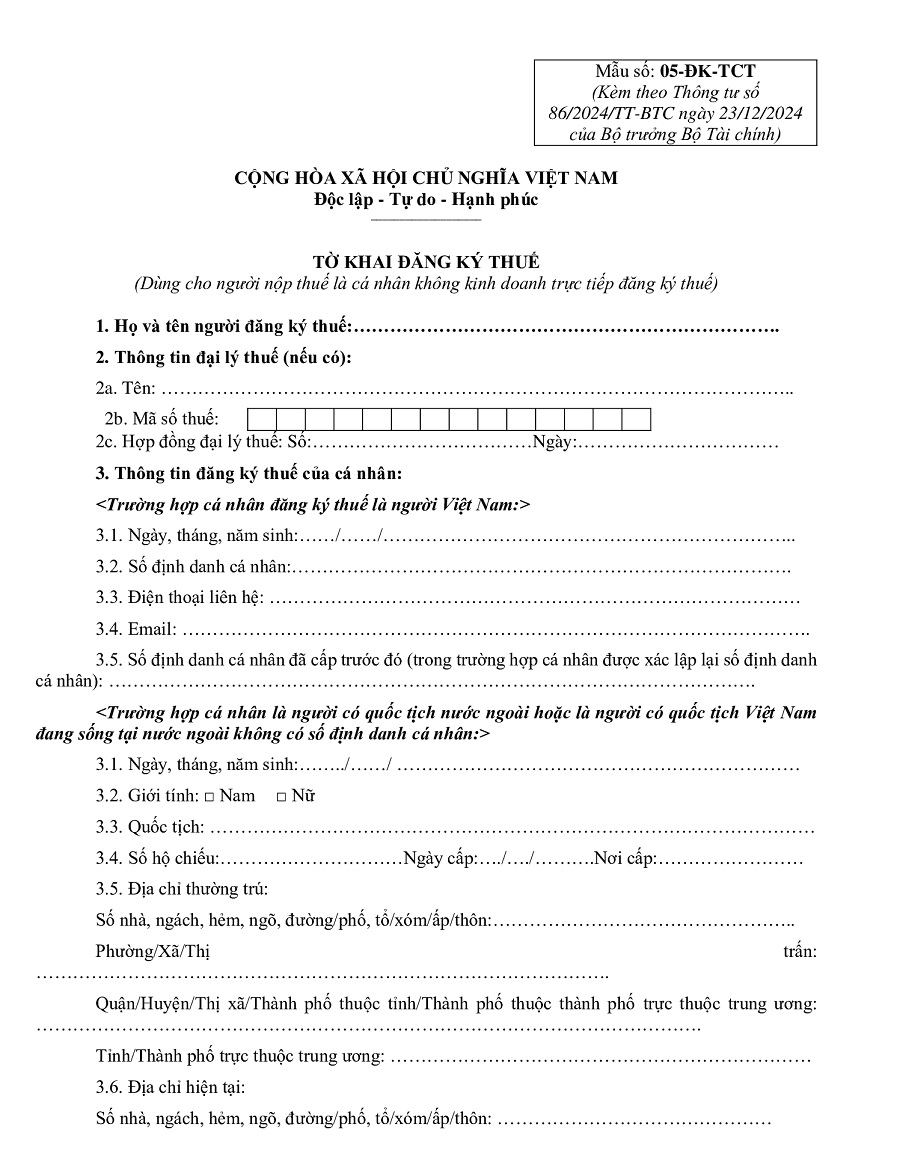tờ khai đăng ký thuế mẫu số 05-đk-tct