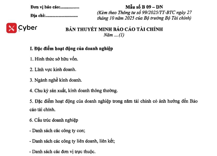 Doanh nghiệp nào bắt buộc nộp báo cáo tài chính năm? Mức phạt nếu không nộp là bao nhiêu? 6 Mẫu B 09 - DN - Bản thuyết minh Báo cáo tài chính