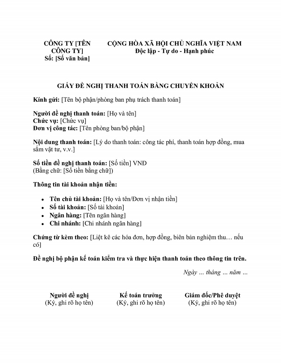 mẫu giấy đề nghị thanh toán chuyển khoản mới nhất