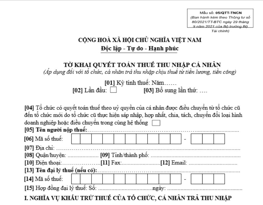 Mẫu tờ khai quyết toán thuế TNCN áp dụng đối với cá nhân trả thu nhập chịu thuế từ tiền lương