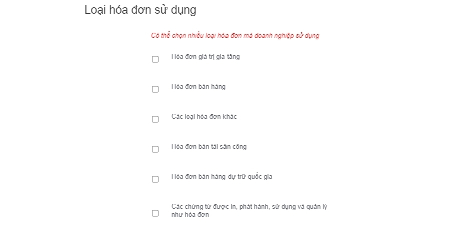 Tích chọn loại hóa đơn sử dụng