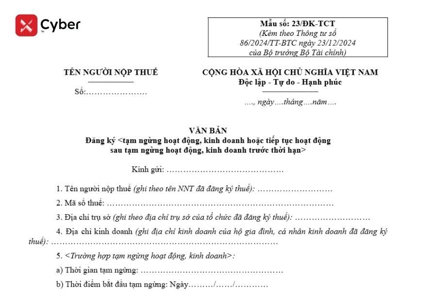 Mẫu đăng ký tạm ngừng kinh doanh mới nhất theo Thông tư 86