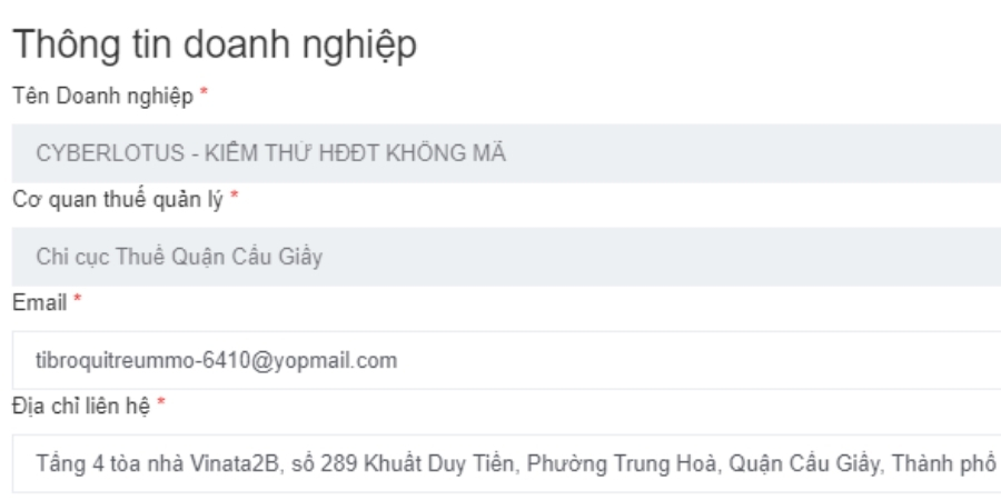 Người sử dụng điền thông tin doanh nghiệp