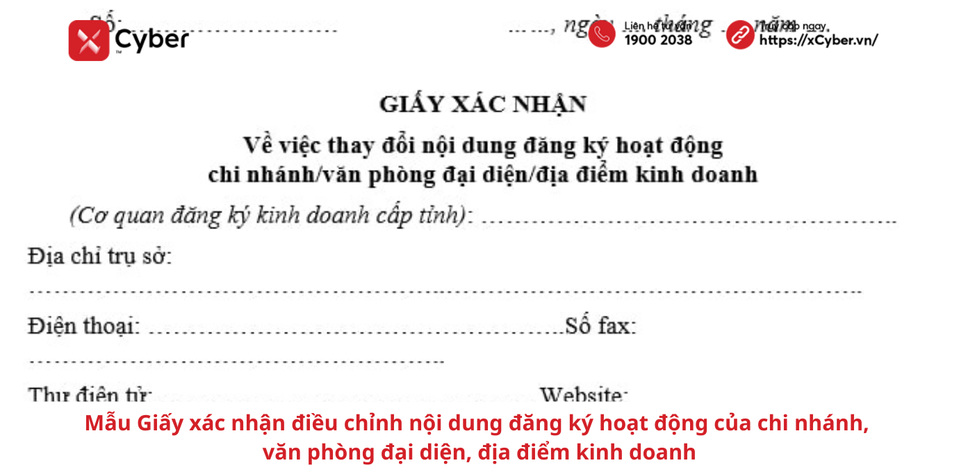 Mẫu Giấy xác nhận điều chỉnh nội dung đăng ký hoạt động của chi nhánh, văn phòng đại diện, địa điểm kinh doanh