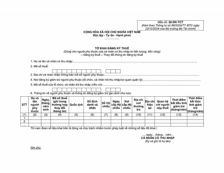 mẫu 20-đk-tct người phụ thuộc giảm trừ gia cảnh mới nhất