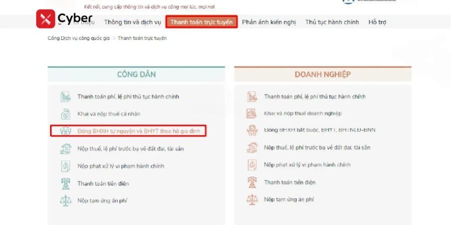 Hướng dẫn cách đóng bảo hiểm xã hội tự nguyện online và trực tiếp 3 Chọn dịch vụ để đóng BHXH tự nguyện