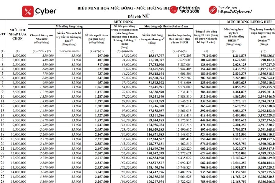 Biểu minh họa mức đóng - mức hưởng BHXH tự nguyện cho lao động nữ