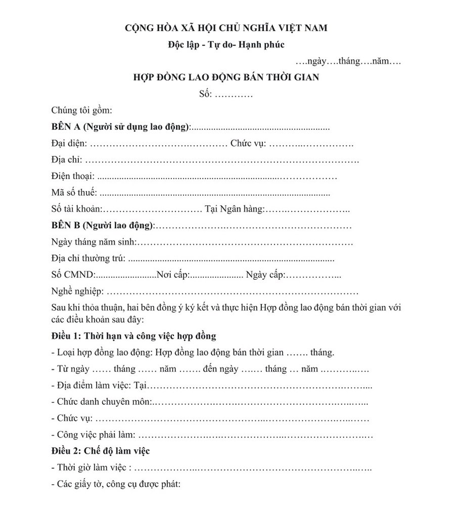 mẫu hợp đồng lao động không trọn thời gian