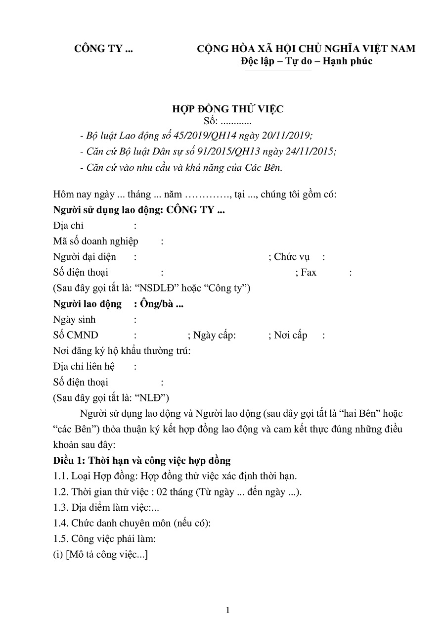 mẫu hợp đồng thử việc chuẩn quy định pháp luật