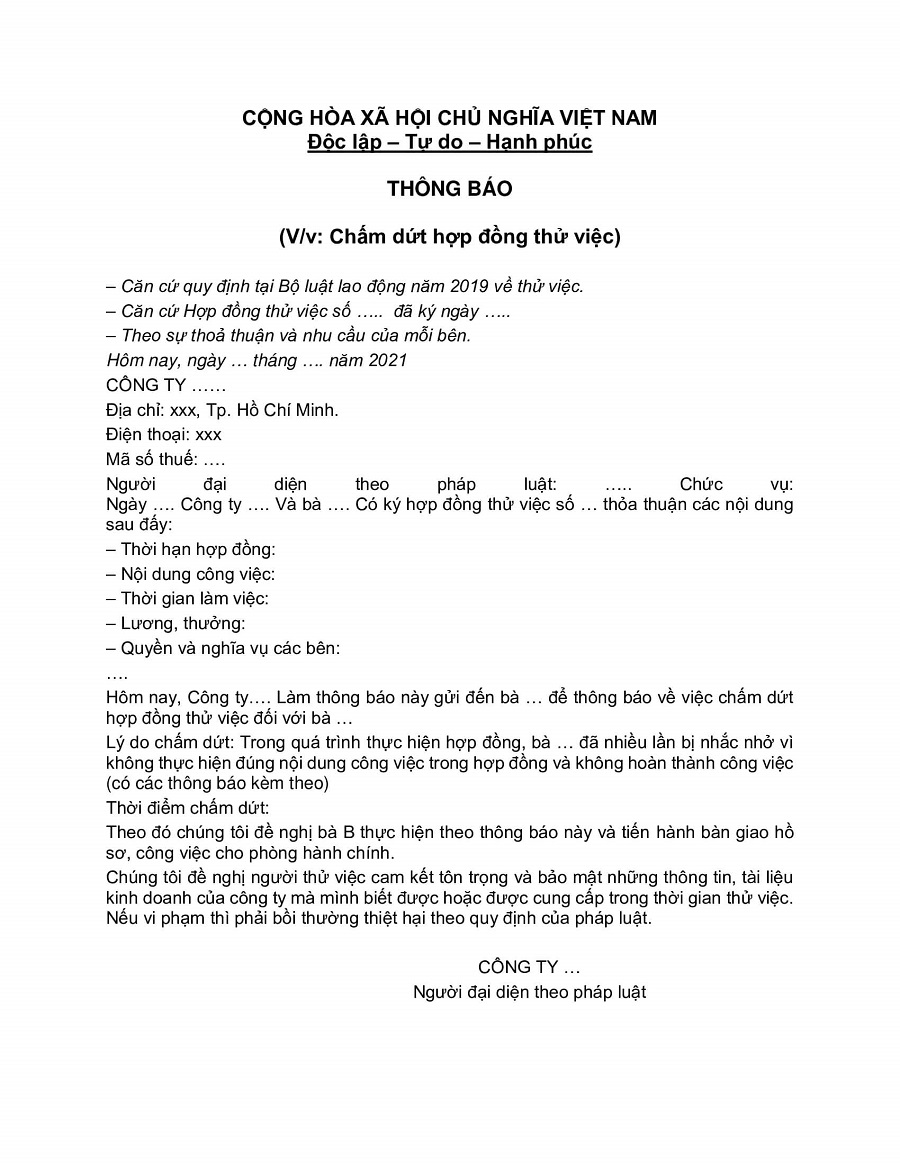 mẫu thông báo chấm dứt thử việc