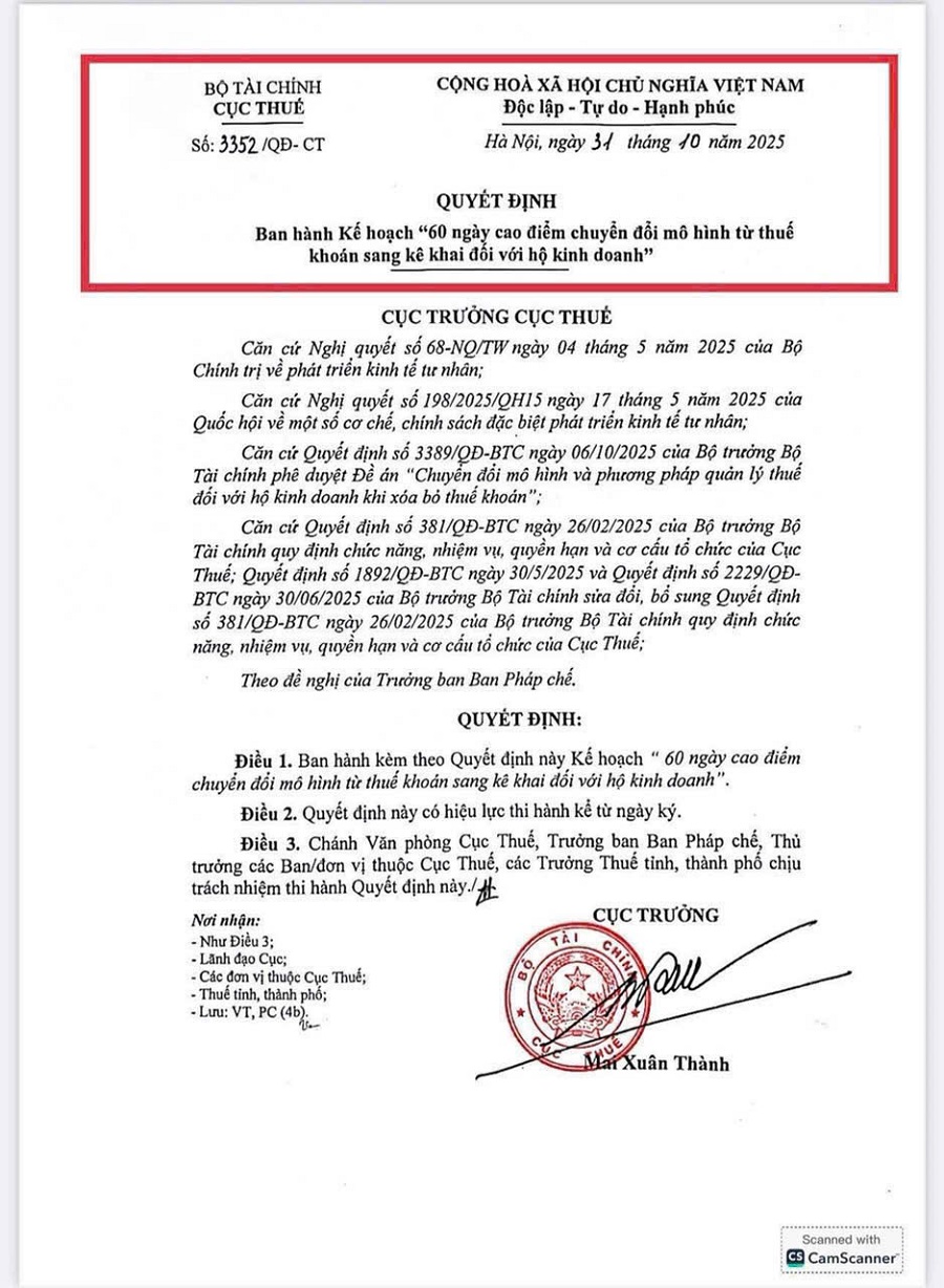 Quyết định số 3352/QĐ-CT 2025: Ban hành Kế hoạch “60 ngày cao điểm chuyển đổi mô hình từ thuế khoán sang kê khai đối với hộ kinh doanh” 2 Quyết định số 3352/QĐ-CT ban hành ngày 31/10/2025
