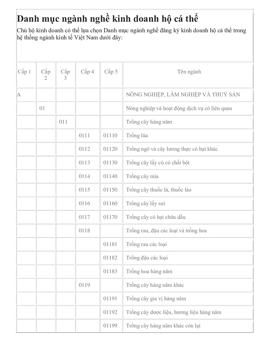 danh mục ngành nghề đăng ký hộ kinh doanh cá thể