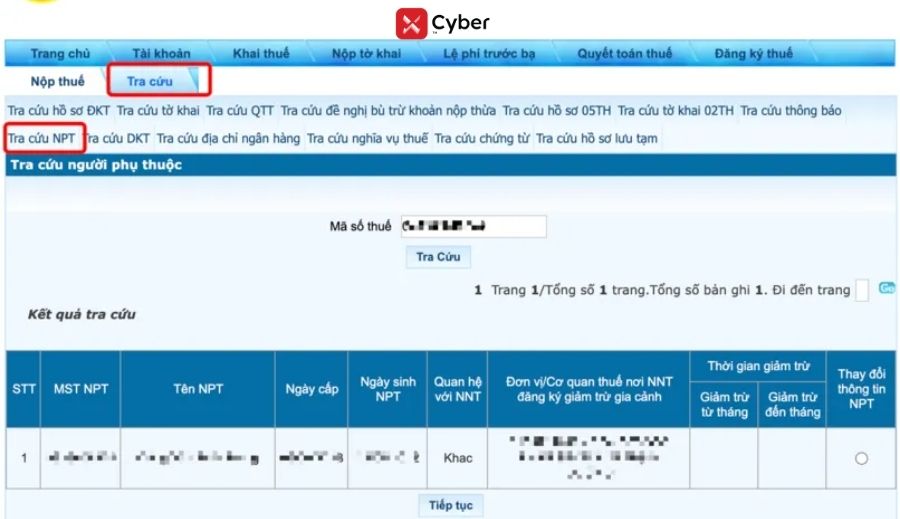 Tra cứu người phụ thuộc trên Thuế điện tử đối với cá nhân