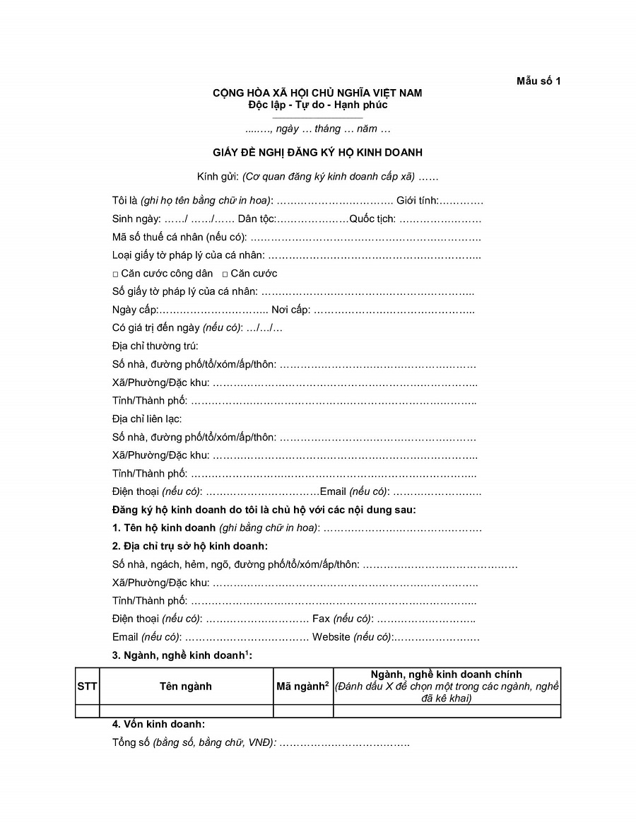 mẫu giấy đề nghị đăng ký hộ kinh doanh mới nhất hiện nay