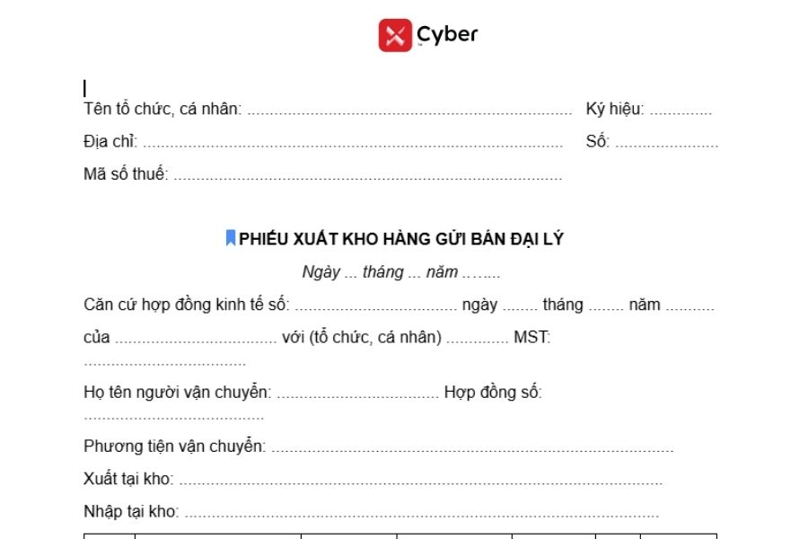 Mẫu phiếu xuất kho hàng gửi đại lý của hộ kinh doanh