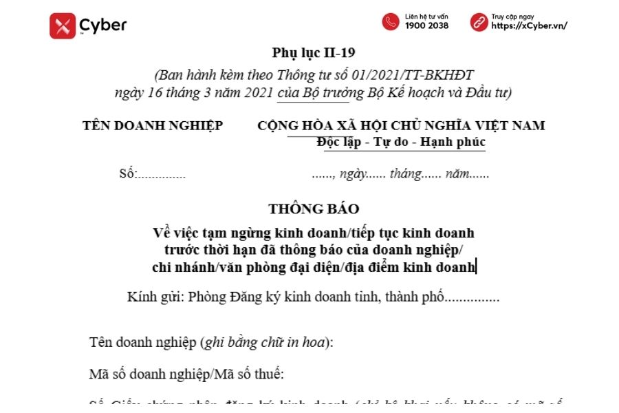 Mẫu thông báo tạm ngừng kinh doanh đối với doanh nghiệp