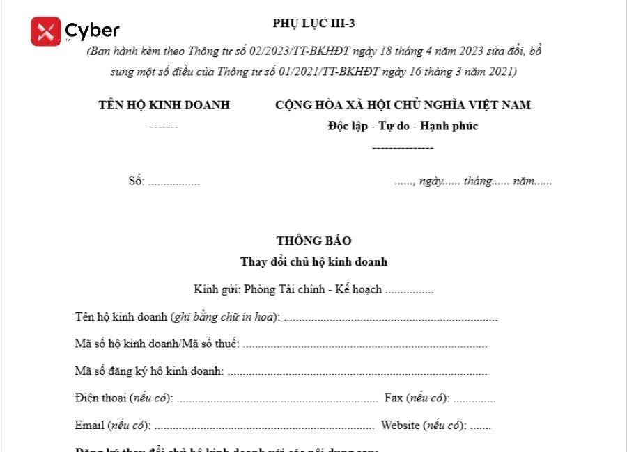 Hướng dẫn thủ tục thay đổi chủ hộ kinh doanh theo quy định mới 3 mẫu thông báo thay đổi chủ hộ kinh doanh