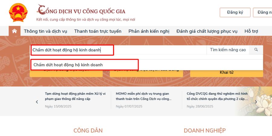 nộp hồ sơ giải thể hộ kinh doanh online trên dịch vụ công