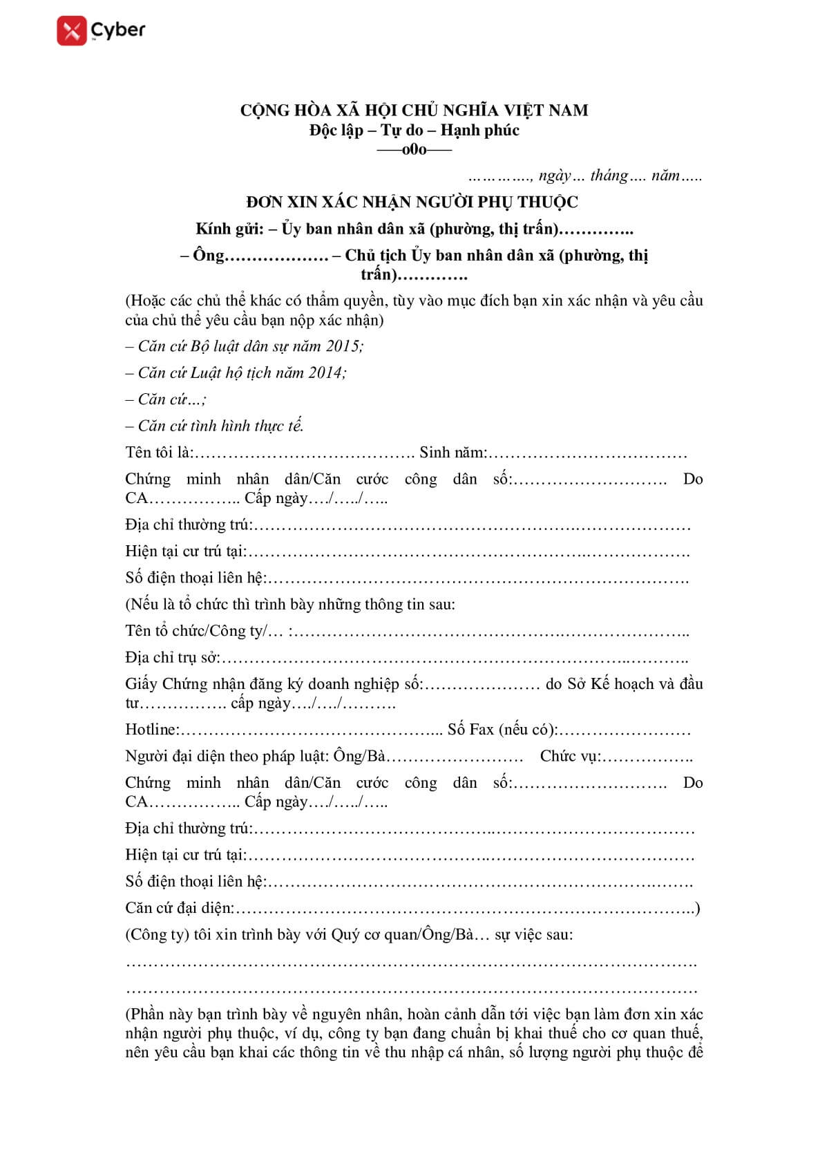 cách viết đơn xin xác nhận người phụ thuộc