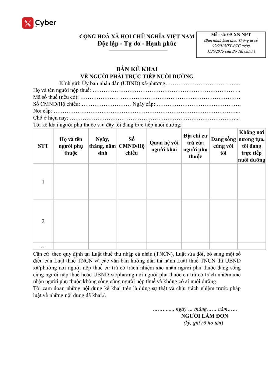 mẫu 09/xn-npt-tncn mới nhất