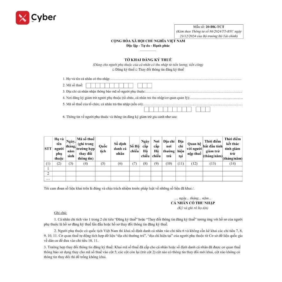 MẪU 20-ĐK-TCT đăng ký người phụ thuộc cho người nước ngoài 