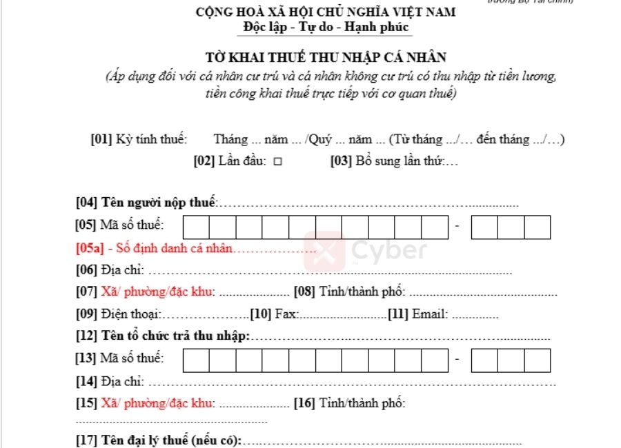 mẫu tờ khai thuế thu nhập cá nhân cho người nước ngoài