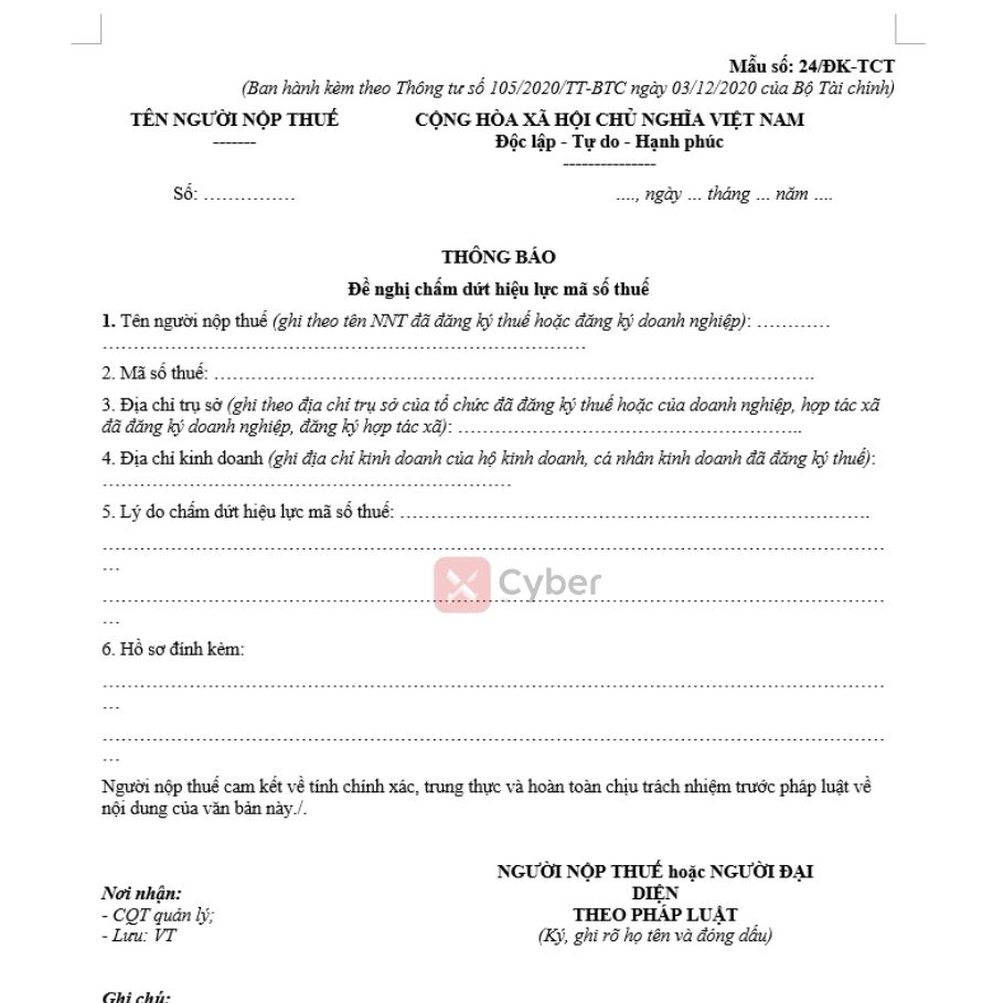 mẫu đơn xin đóng mã số thuế hộ kinh doanh