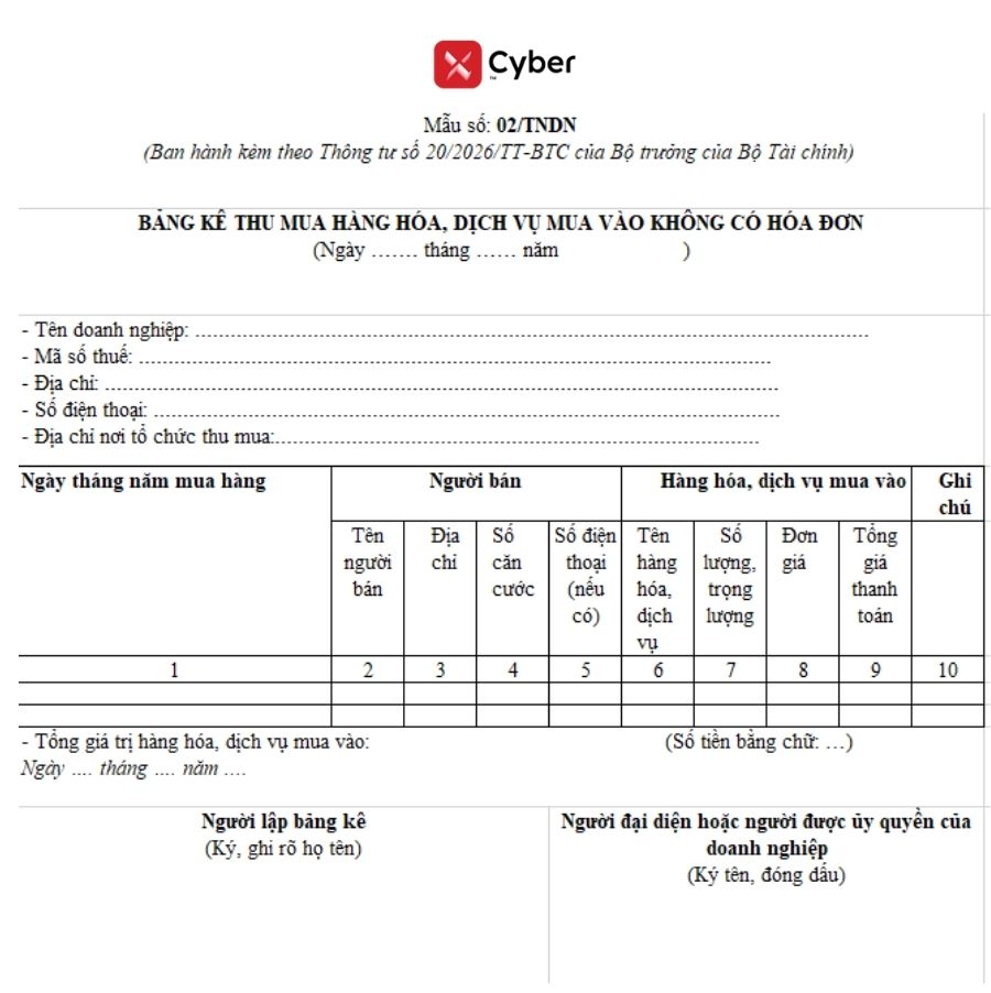 mẫu bảng kê 02/tndn