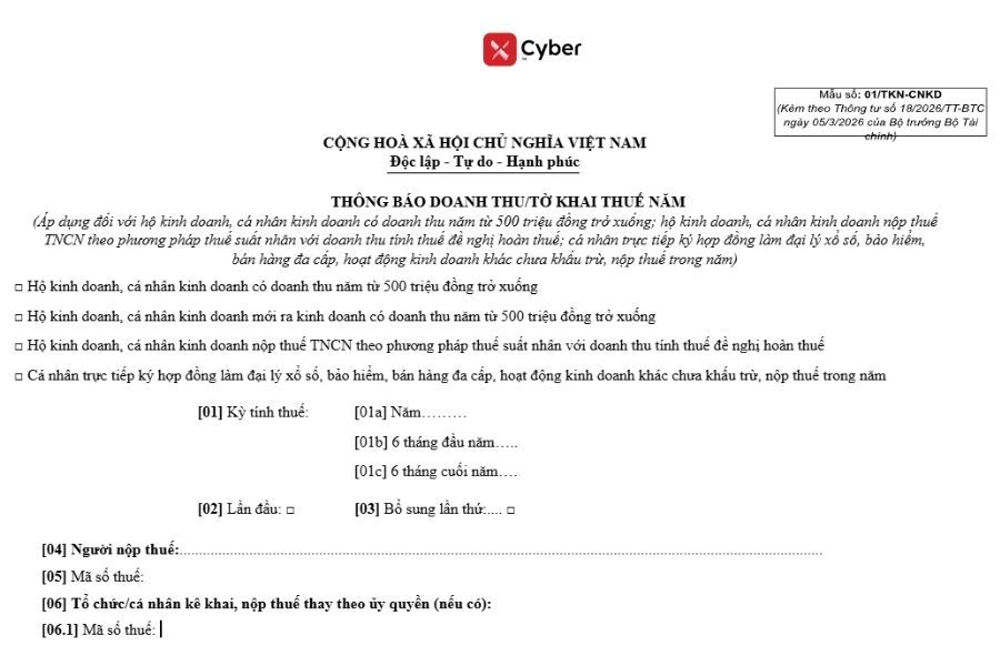 mẫu 01/TKN-CNKD