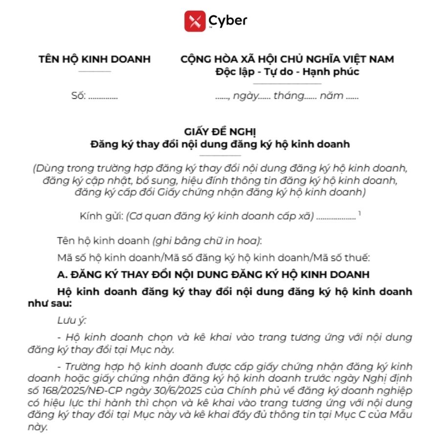 mẫu giấy đề nghị bổ sung ngành nghề hộ kinh doanh