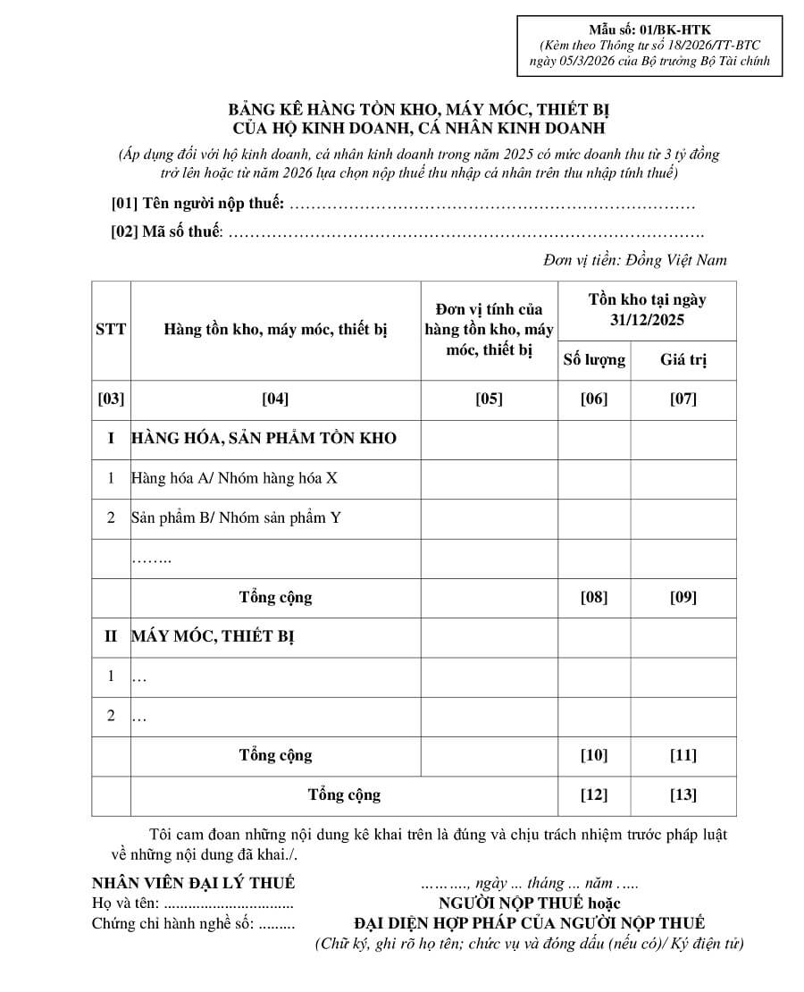 mẫu số 01/bk-htk - bảng kê hàng tồn kho