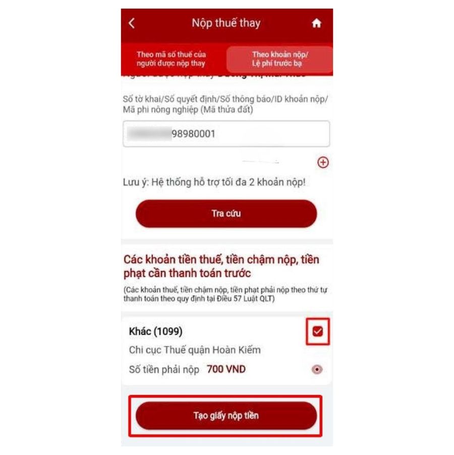 cách nộp thuế thay cho hộ kinh doanh qua etax mobile theo mã hồ sơ khoản nộp, lệ phí trước bạ - bước 3