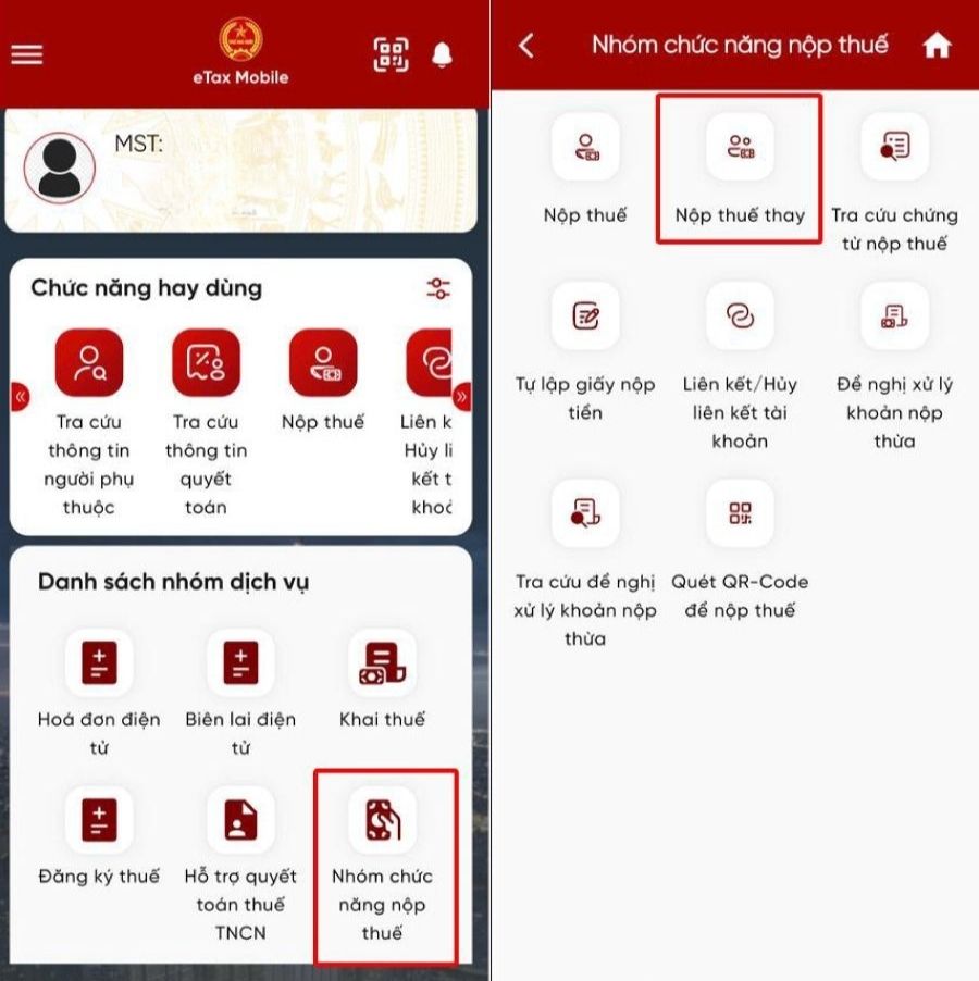 cách nộp thuế thay cho hộ kinh doanh qua etax mobile theo mã số thuế - bước 2