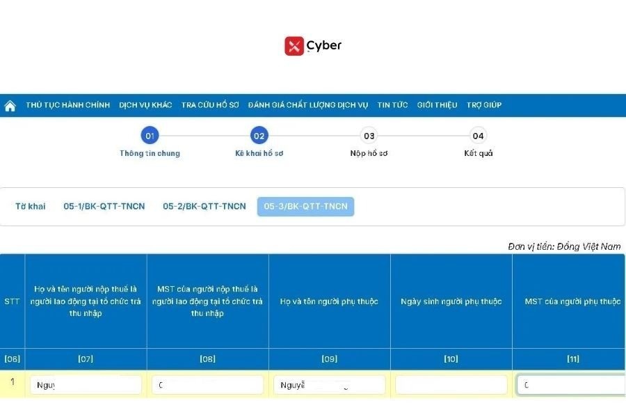 Cách nộp tờ khai 05/QTT-TNCN trên Dịch vụ công - Bước 9.1